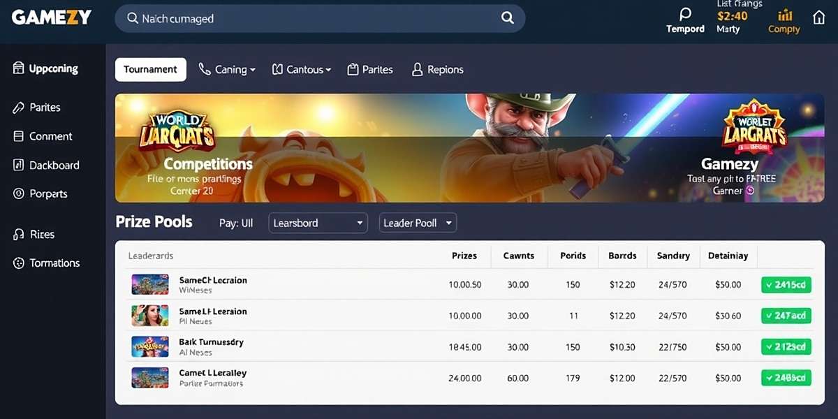 Gamezy Tournaments and Cash Prizes Gamezy tournament dashboard showing upcoming competitions, prize pools, and leaderboards with Indian rupee prizes